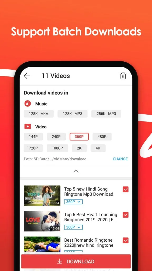 VidMate batch download feature with multiple videos queued for simultaneous downloading