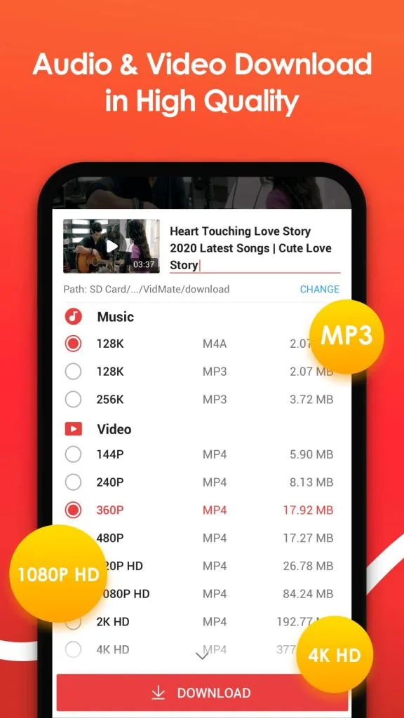 VidMate supported platforms including YouTube, Facebook, Instagram, TikTok, and 1000+ sites